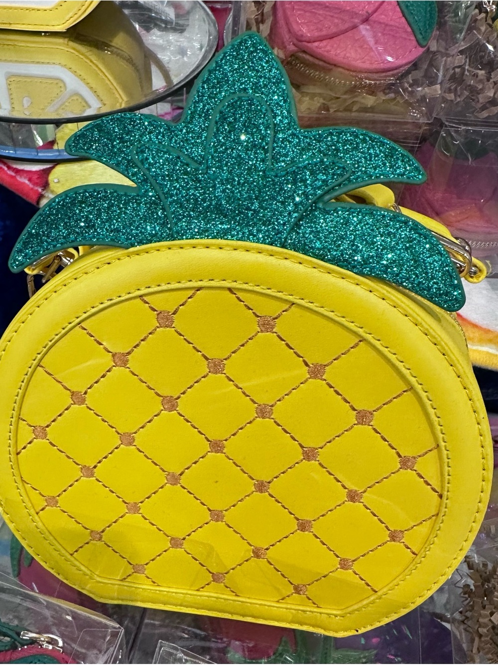 Melie Bianco Yellow Pineapple Mini Crossbody with Teal Glitter Top